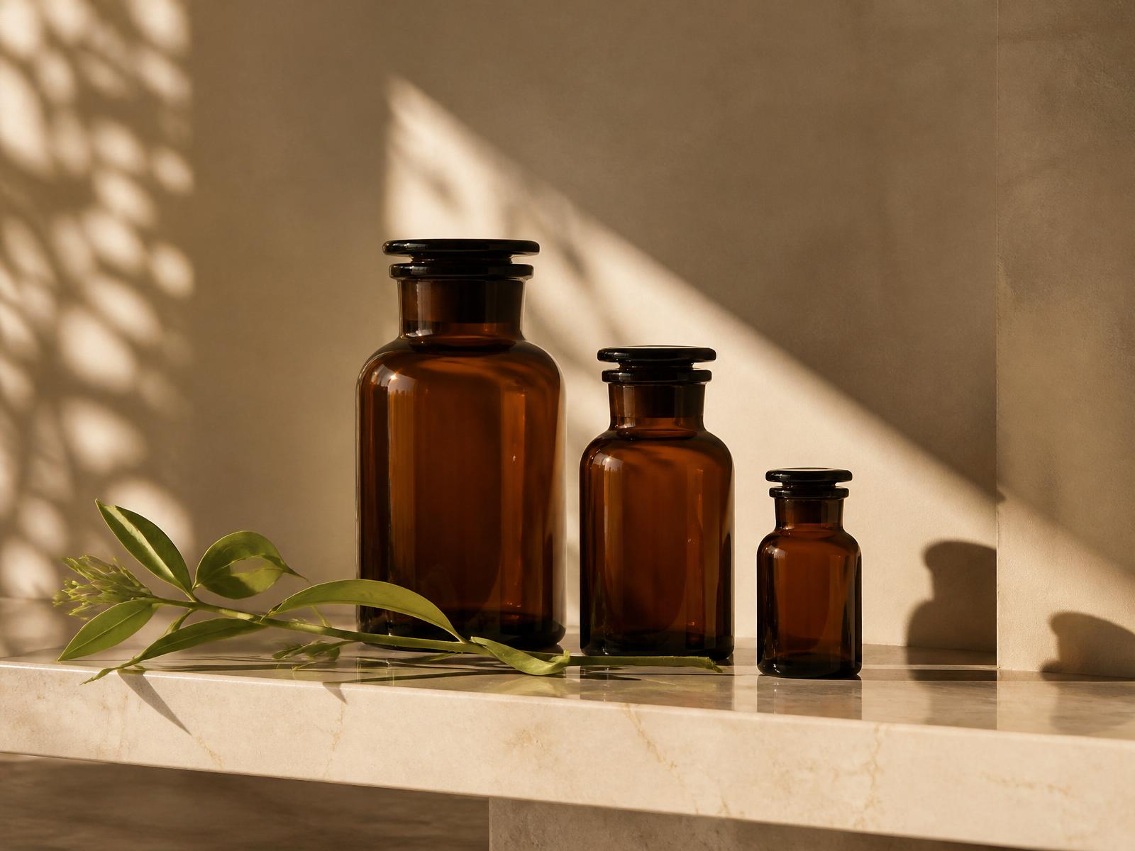 Three amber apothecary bottles on a marble shelf