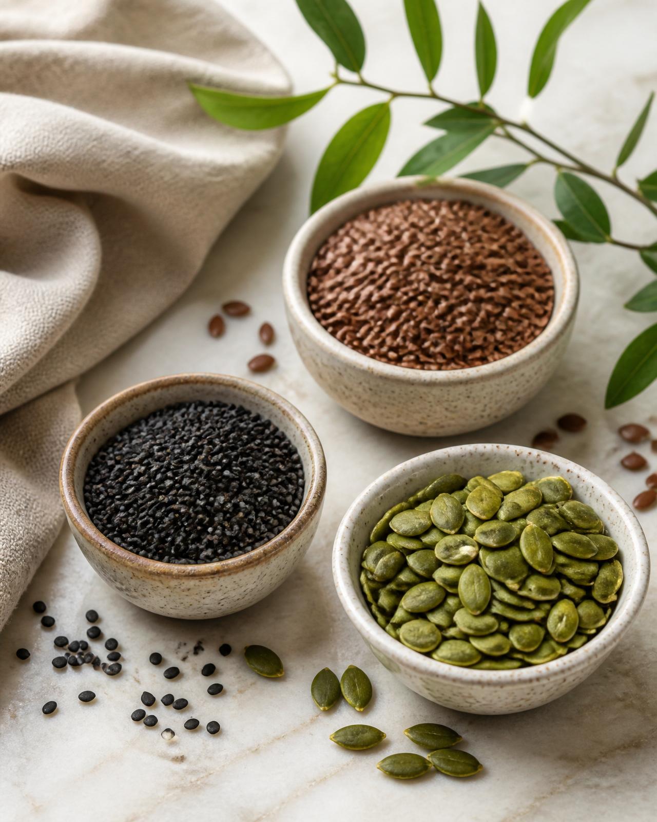 Cold-pressed seeds in ceramic bowls
