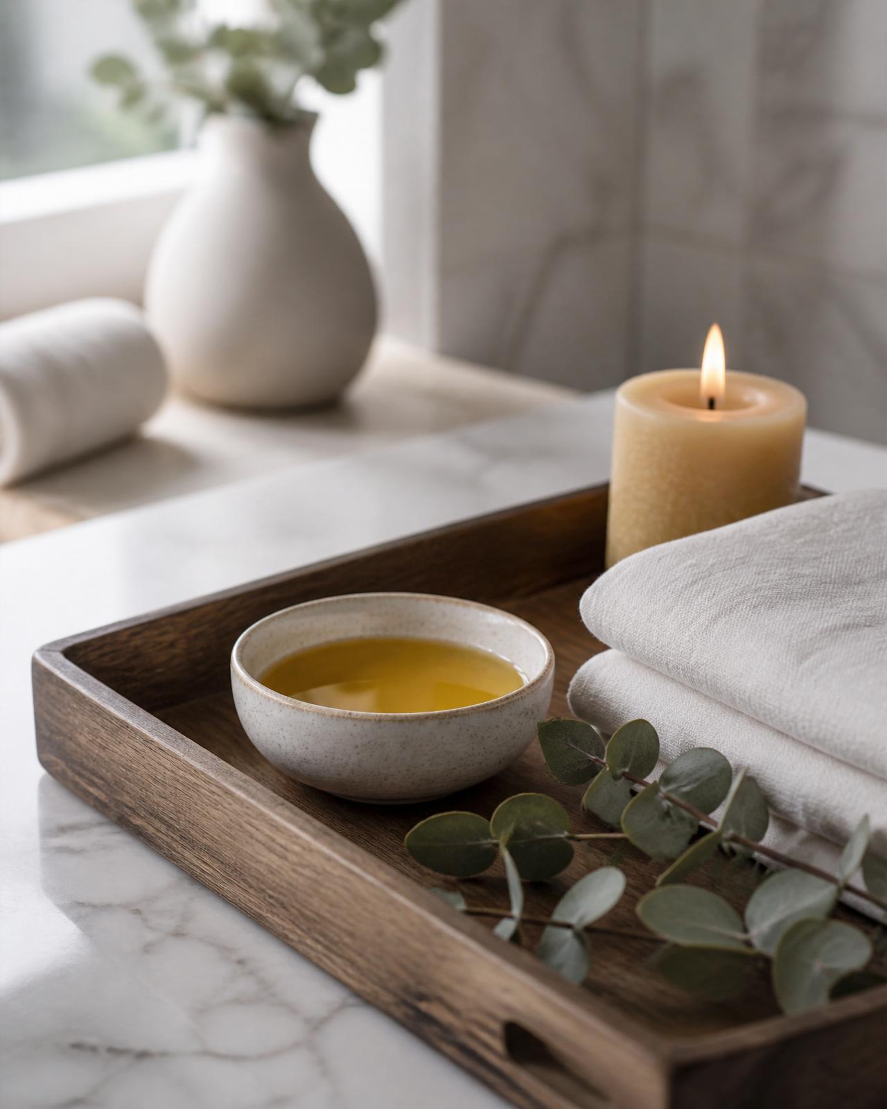 A quiet ritual: oil, linen and eucalyptus