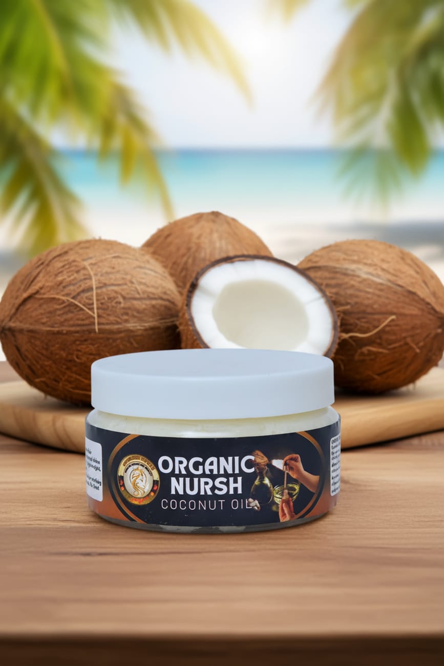 Organic Nursh Virgin Coconut Oil among fresh coconuts