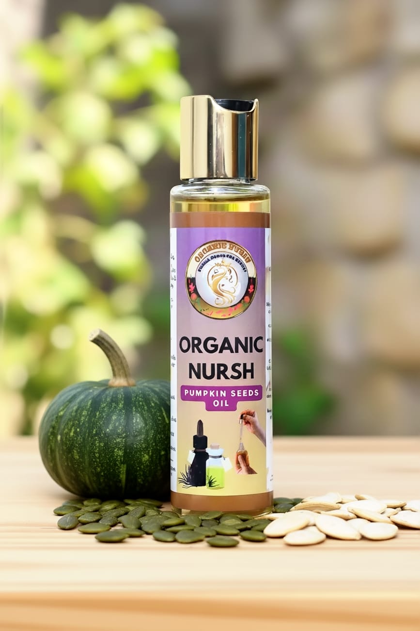 Organic Nursh Cold-Pressed Pumpkin Seed Oil beside pumpkin and seeds